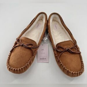 Auden Moccasin Slippers Bria Brwn Suede Size 9 NEW Faux Fur House Shoes Slip On